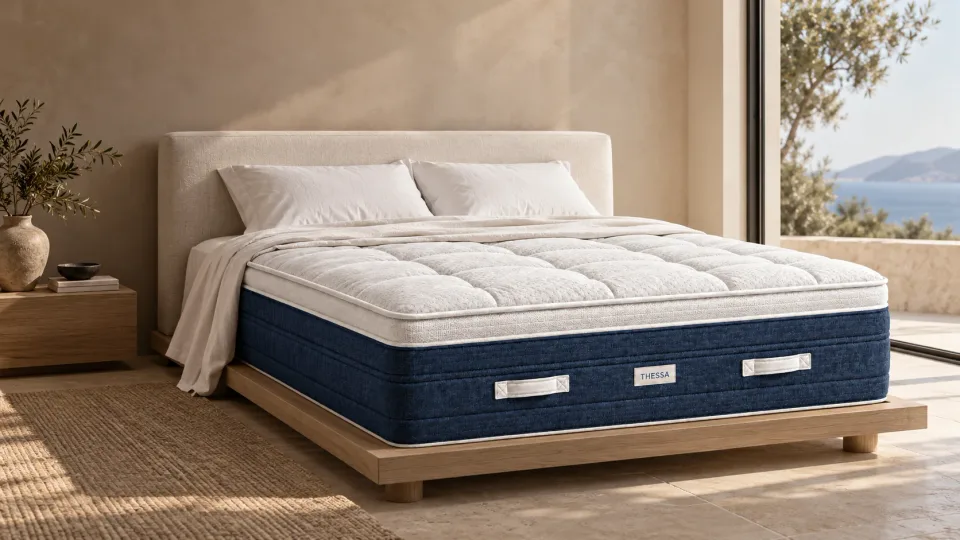 Grand Natural mattress, with a deep blue finish and a quilted white surface
