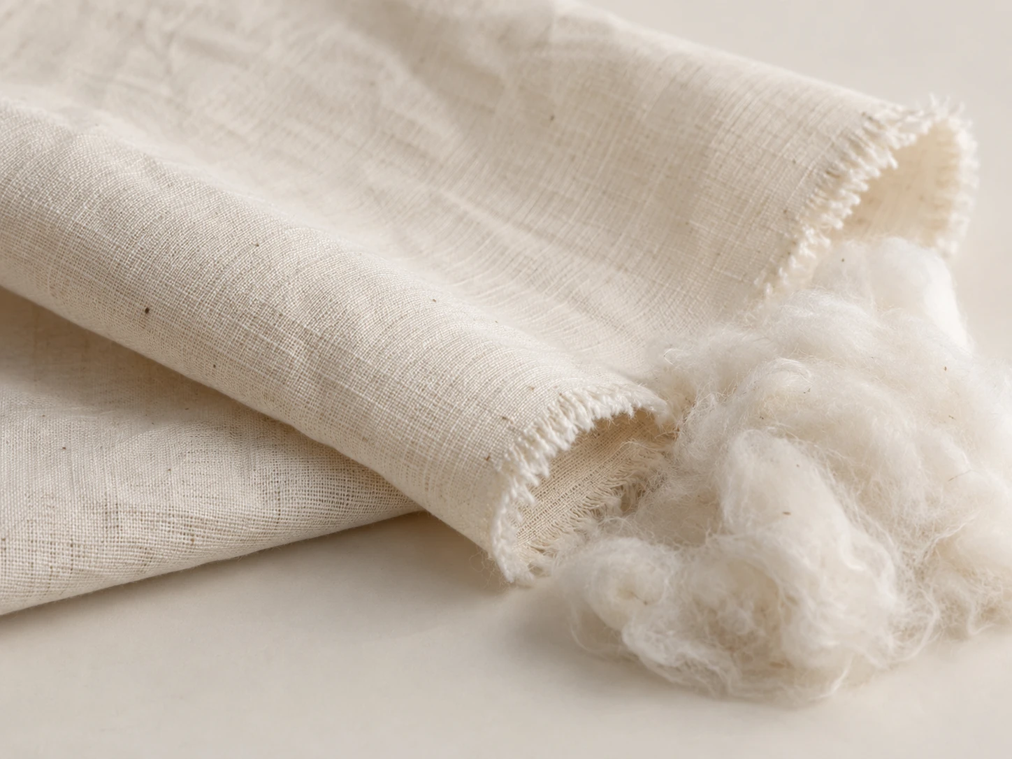 Material study of processed cotton fibres beside softly folded cotton cloth