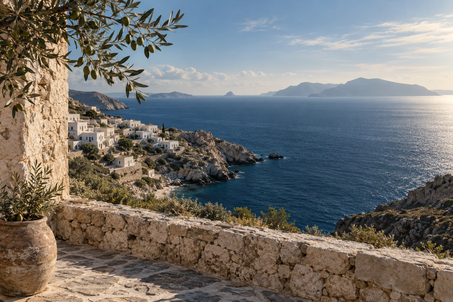 Editorial illustration of a stone terrace, olive branches and a whitewashed village above the blue Aegean sea